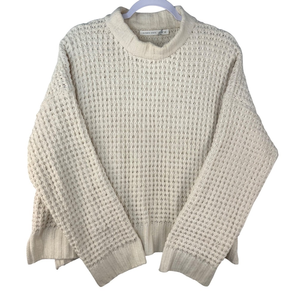 Altar'd State Ivory Chenille Waffle Knit Mock Neck Sweater IBT29568AS Medium